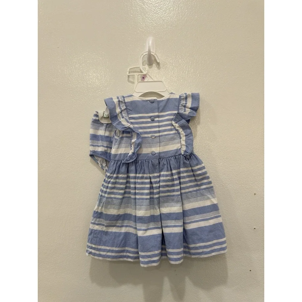 Ralph Lauren Baby Girls 9M Blue White Striped Ruffle Sleeve Dress NWT